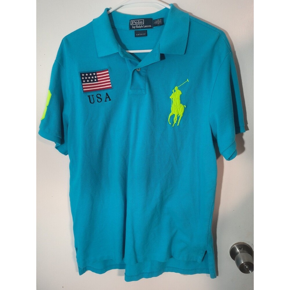 Polo Ralph Lauren Big Pony USA Polo Shirt Teal Turquoise Lime Green Men’s L...